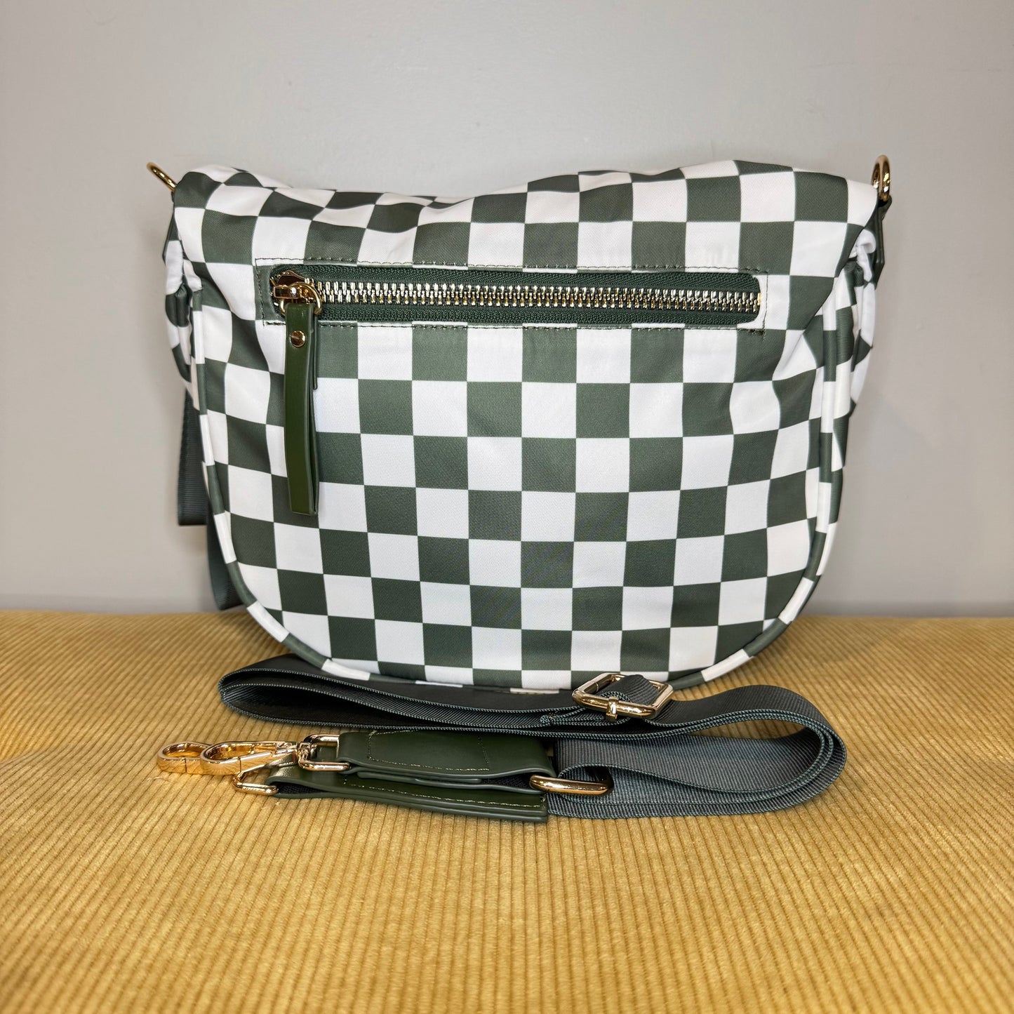 The Roni Nylon Crossbody - Checkered Dark Green Olive