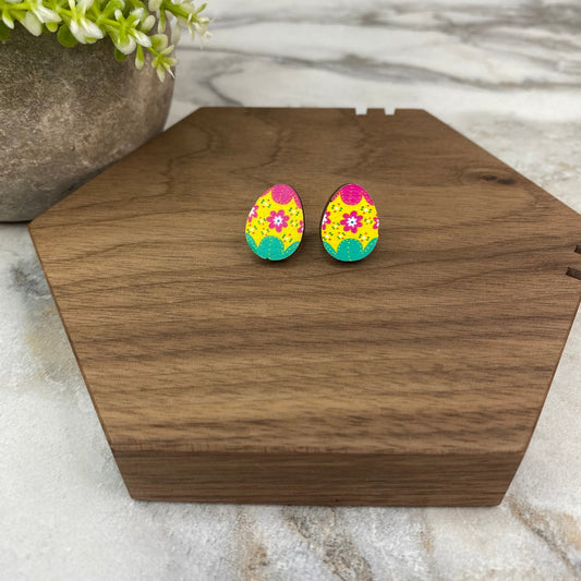 Wooden Stud Earrings - Easter Egg Design - #3