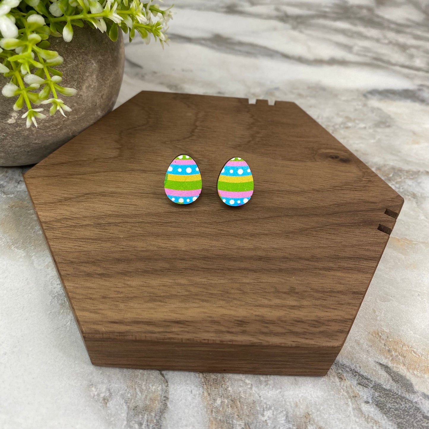 Wooden Stud Earrings - Easter Egg Design - #7