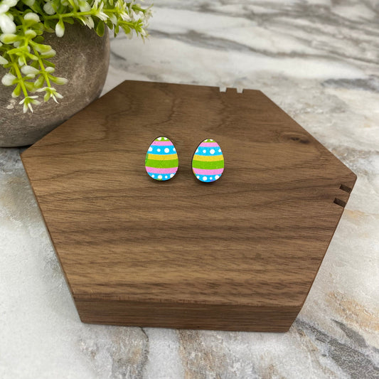 Wooden Stud Earrings - Easter Egg Design - #7
