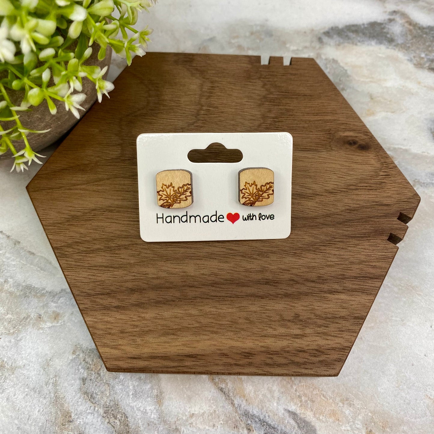 Wooden Stud Earrings - Square Leaves