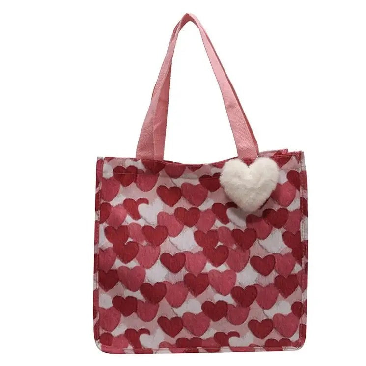 Tote Bag - Heart Dark Pink + White