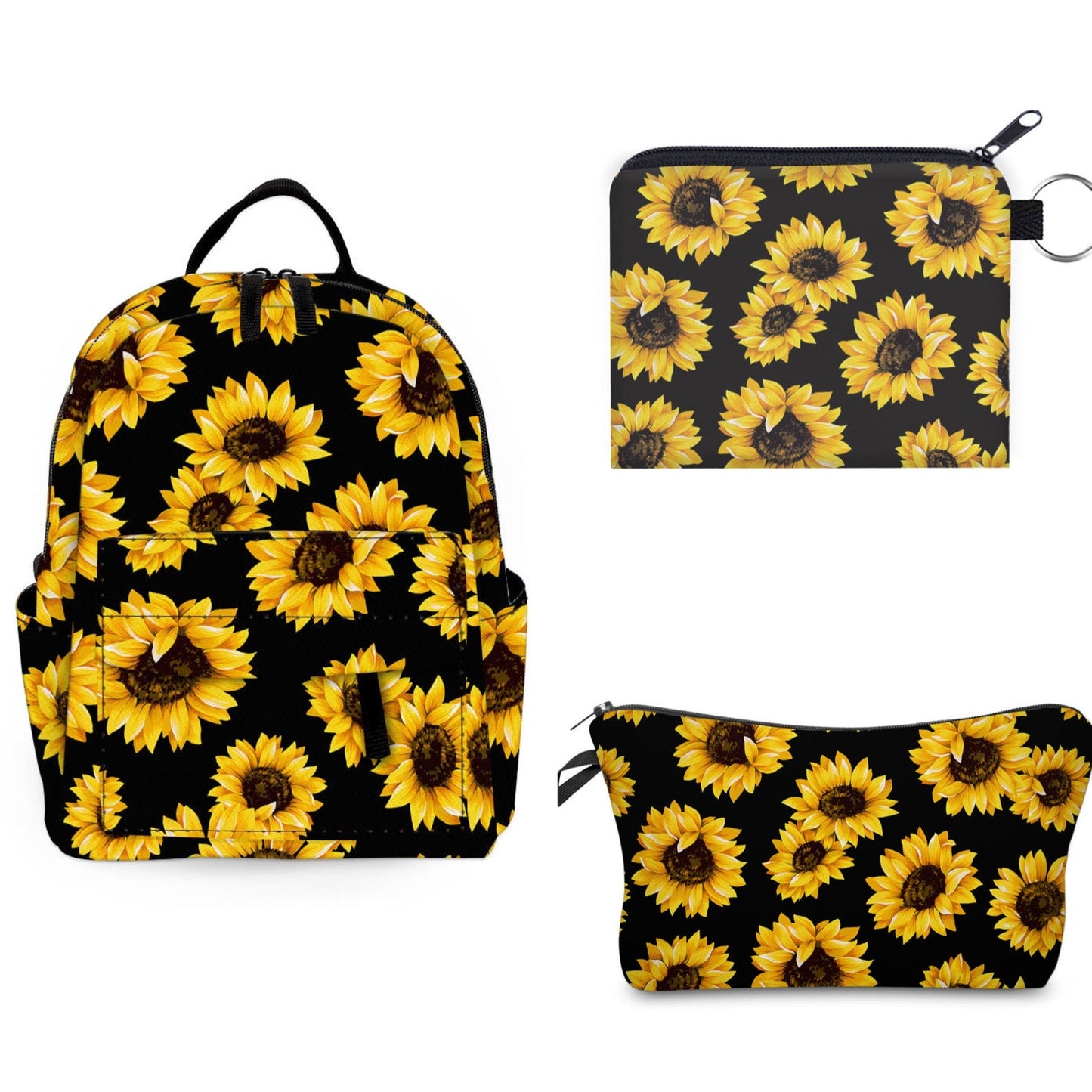 Mini Backpack, Pouch, & Mini Pouch Bundled Set - Sunflower On Black