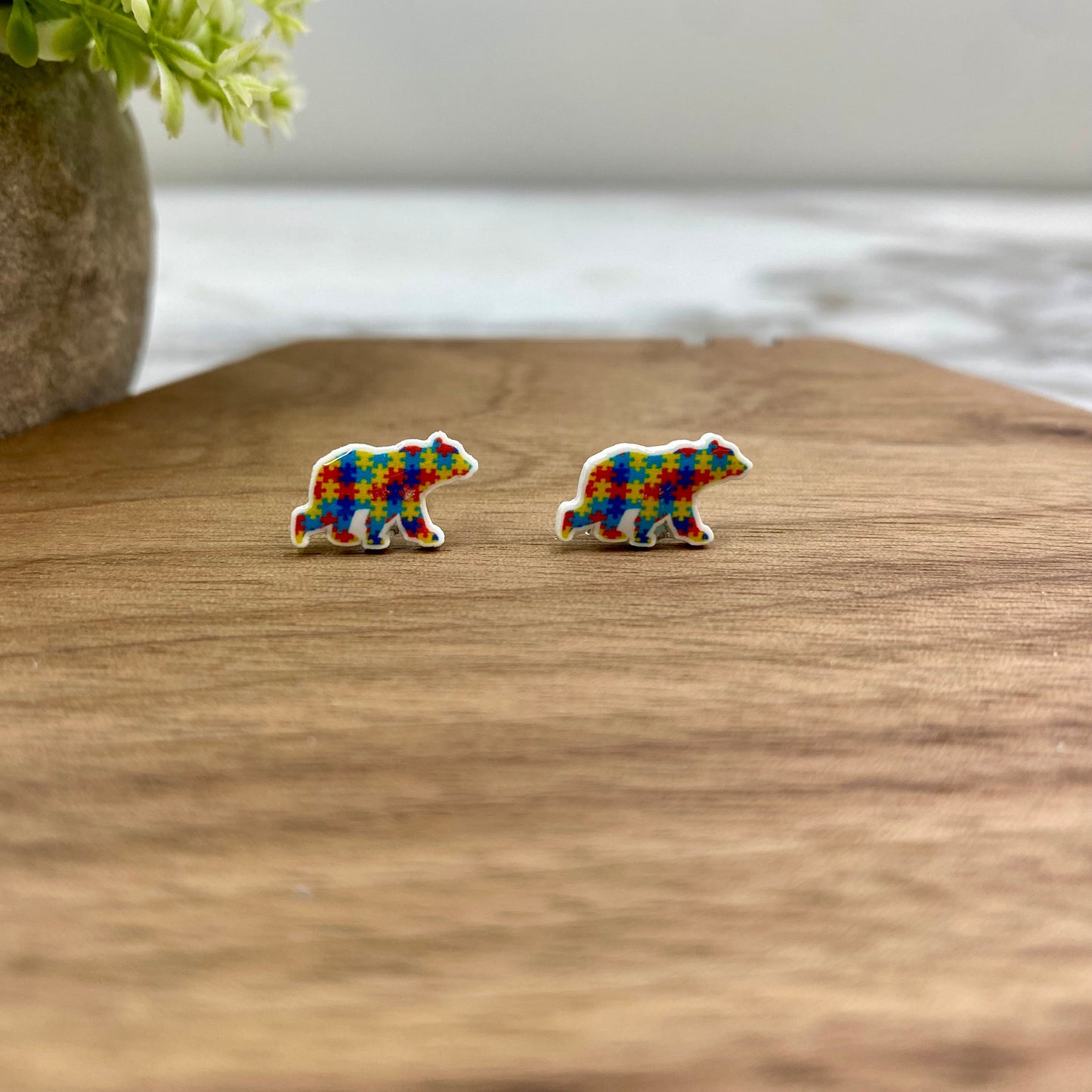 Acrylic Stud Earrings - Autism Awareness - Bear Puzzle