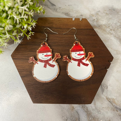Wooden Dangle Earrings - Christmas - Snowman Hat Scarf