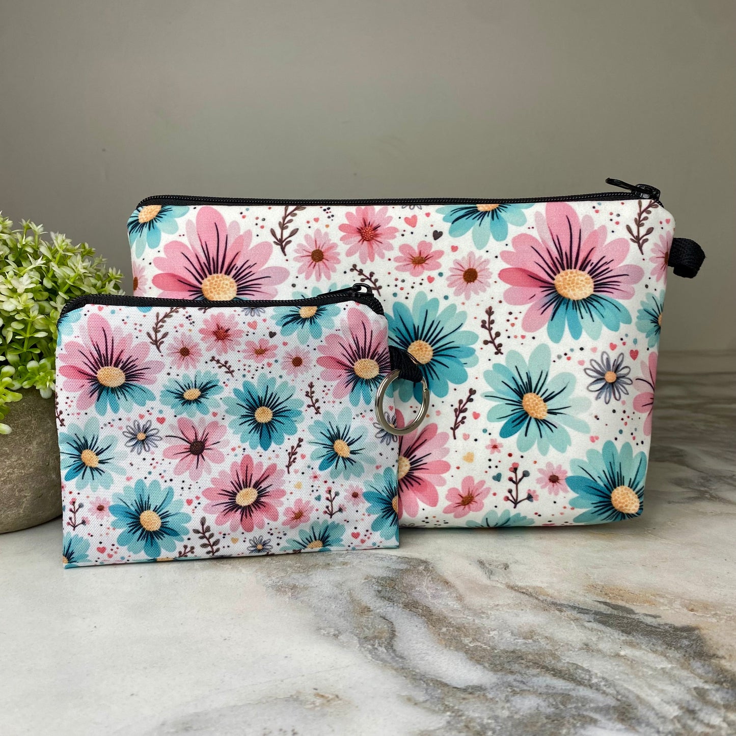 Pouch & Mini Pouch Bundled Set - Floral Pink Blue Daisy