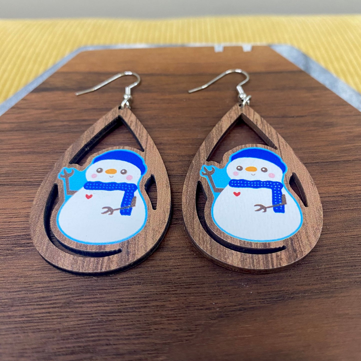 Wooden Teardrop Cutout Earrings - Winter - Snowman