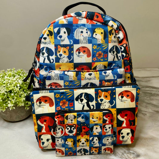 Mini Backpack, Pouch, & Mini Pouch Bundled Set - Dog Squares