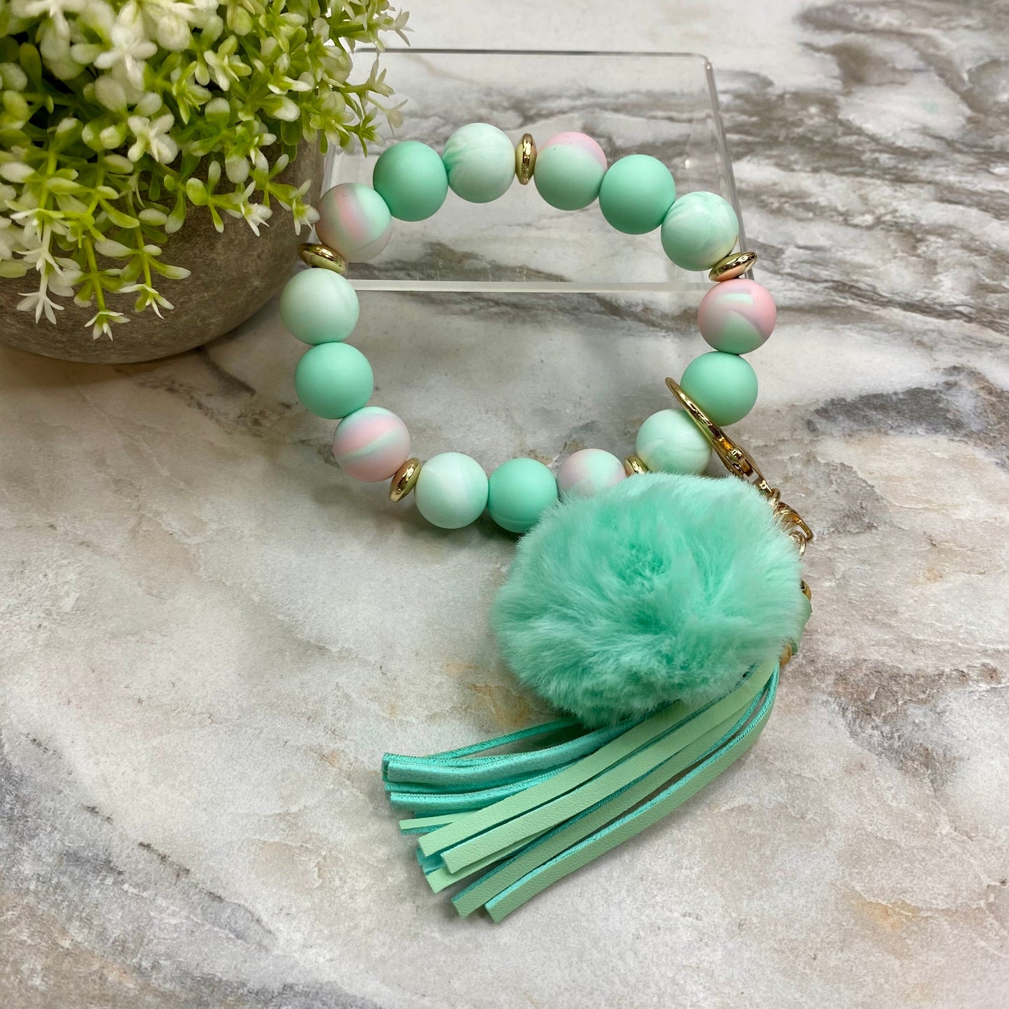 Silicone Bracelet Keychain - Tassel & Pom Pom- Mint & Sherbet