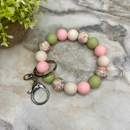 Silicone Bracelet Keychain - Light Green Pink Floral