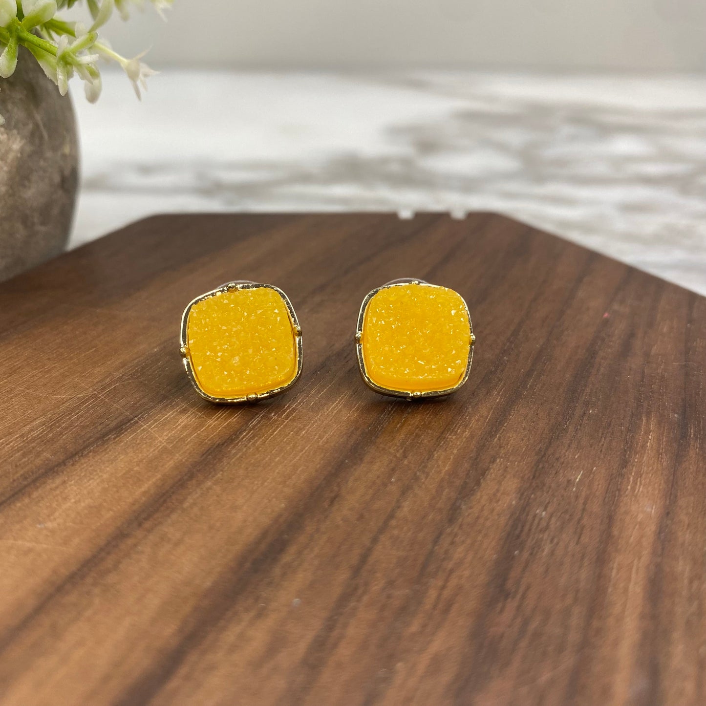 Druzy Stud Earrings - 12mm - Square Yellow