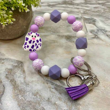 Silicone Bracelet Keychain with Tassel - Cow - Purple