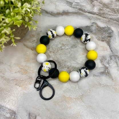 Silicone Bracelet Keychain - Black Yellow White Daisy