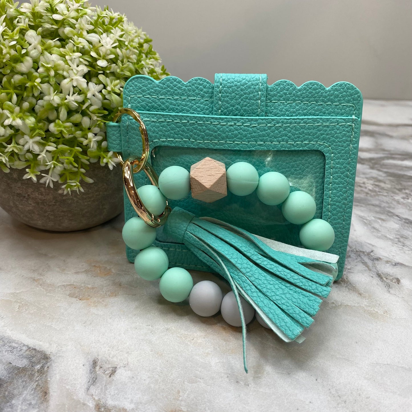 Silicone Bracelet Keychain with Scalloped Card Holder - Mint