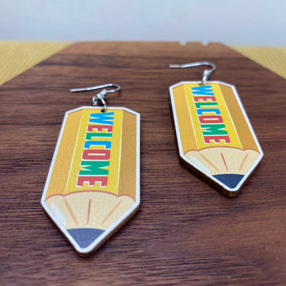 Wooden Dangle Earrings - Teacher - Welcome Pencil