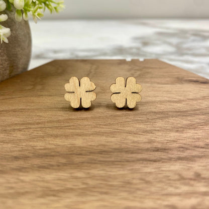 Wooden Stud Earrings - St. Patrick’s Day - Four Leaf Clover - Light