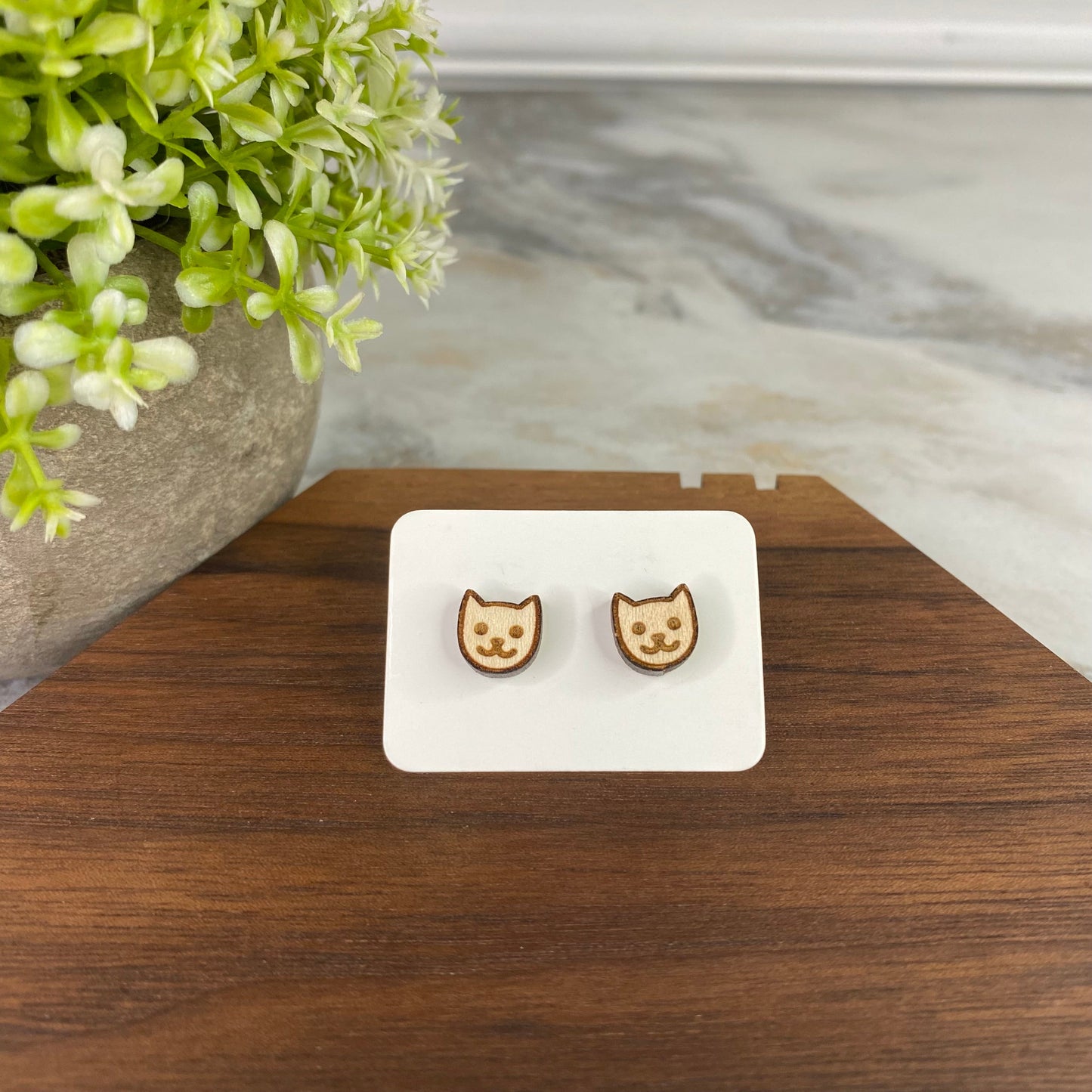 Wooden Stud Earrings - Cat Head