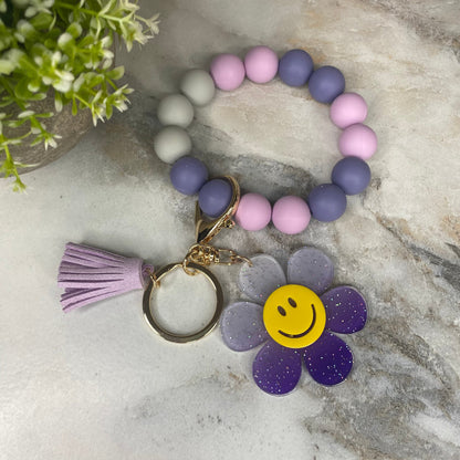 Silicone & Acrylic Bracelet Keychain - Daisy - Purple