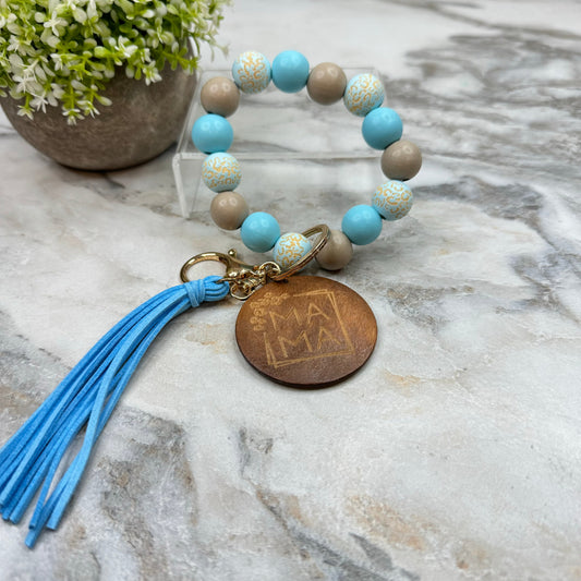 Wooden Bead Bracelet Keychain - Mama - Light Blue