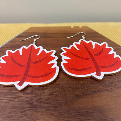 Wooden Dangle Earrings - Fall - Red Leaf