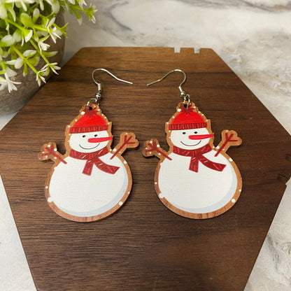 Wooden Dangle Earrings - Christmas - Snowman Hat Scarf