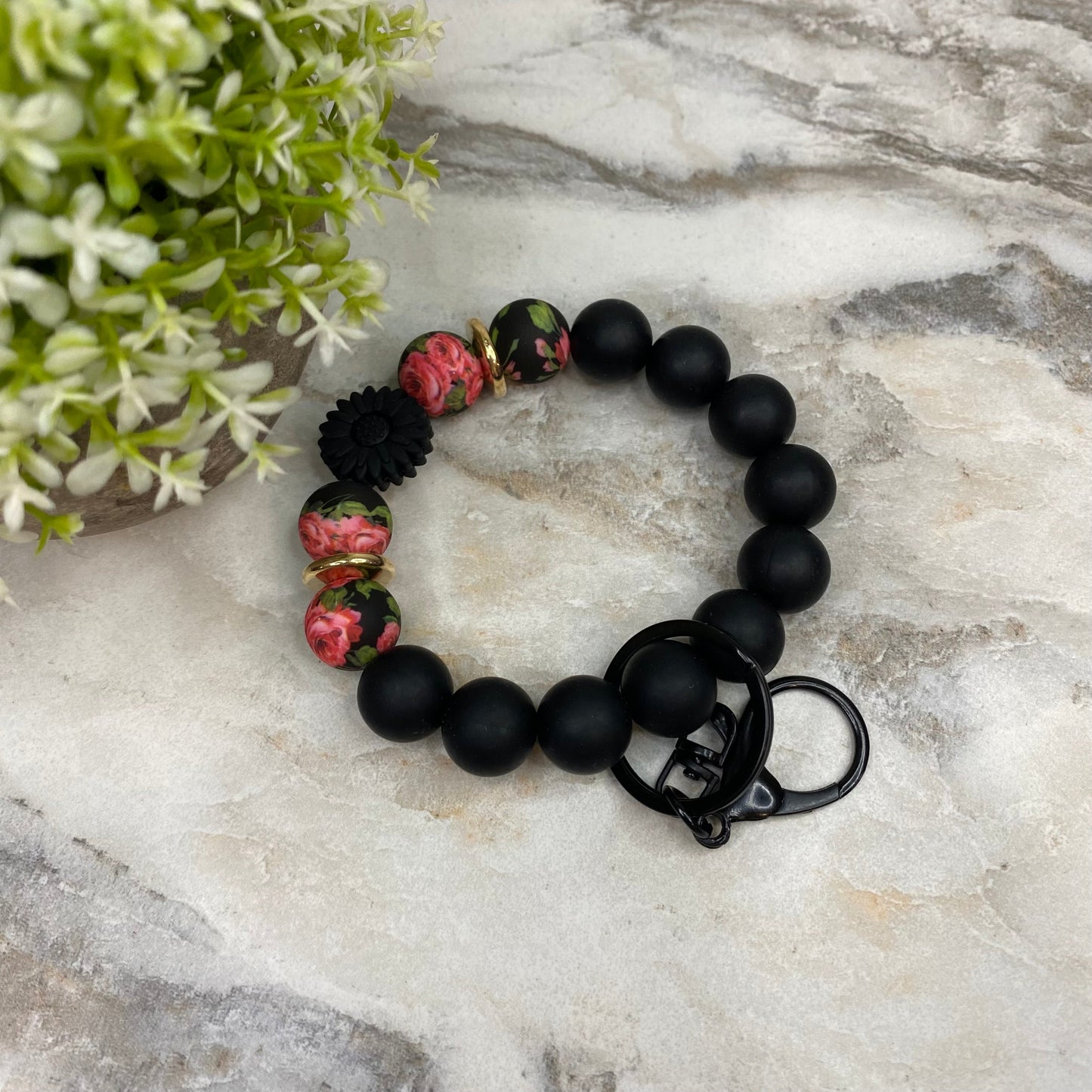 Silicone Bracelet Keychain - Black Sunflower Roses Gold