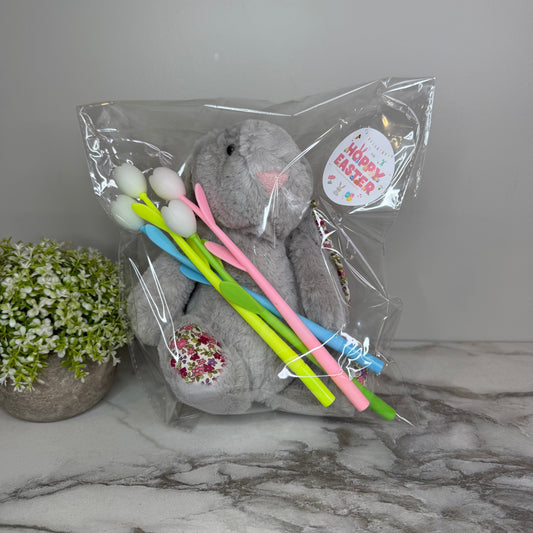 Bunny Floral Plush & Tulip Pen Bundled Set - Grey