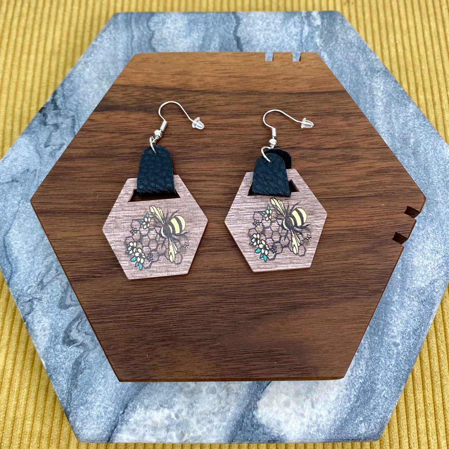 Wooden Dangle Earrings - Hexagon Bee Honeycomb