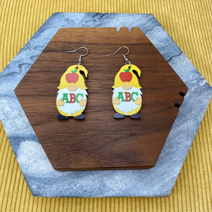 Wooden Dangle Earrings - Teacher Gnome ABC