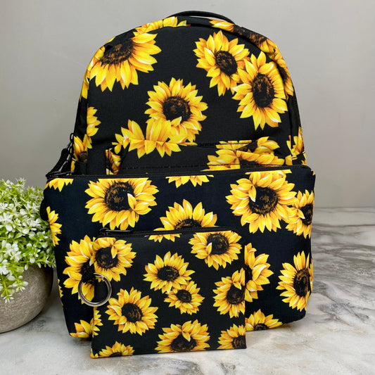 Mini Backpack, Pouch, & Mini Pouch Bundled Set - Sunflower On Black