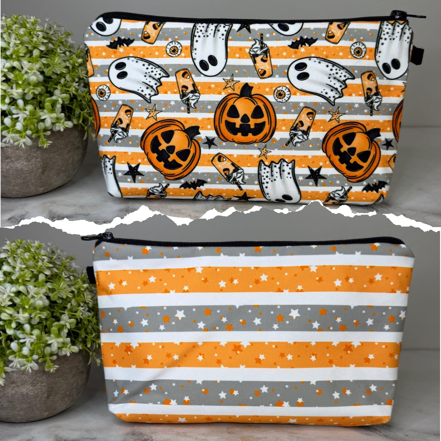Pouch - Halloween Fall - Pumpkin Ghost Orange Grey Stripe