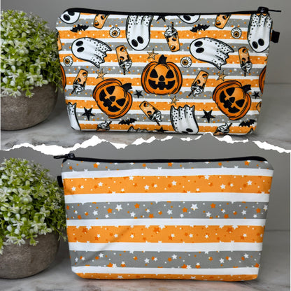 Pouch - Halloween Fall - Pumpkin Ghost Orange Grey Stripe