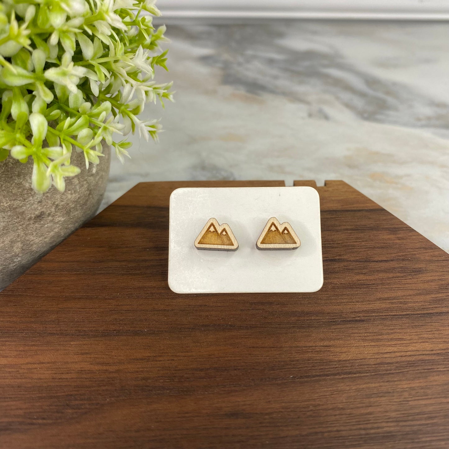 Wooden Stud Earrings - Mountain