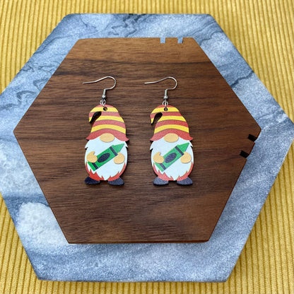 Wooden Dangle Earrings - Teacher Gnome Crayon