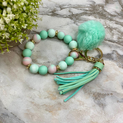 Silicone Bracelet Keychain - Tassel & Pom Pom- Mint & Sherbet