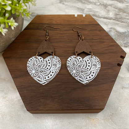 Acrylic & Wood Dangle Earrings - Clear Filigree Heart