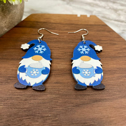 Wooden Dangle Earrings - Winter - Gnome Blue Hot Cocoa