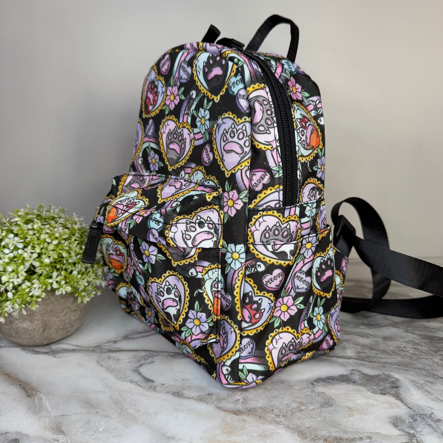 Mini Backpack - Cat Paw Meow on Black