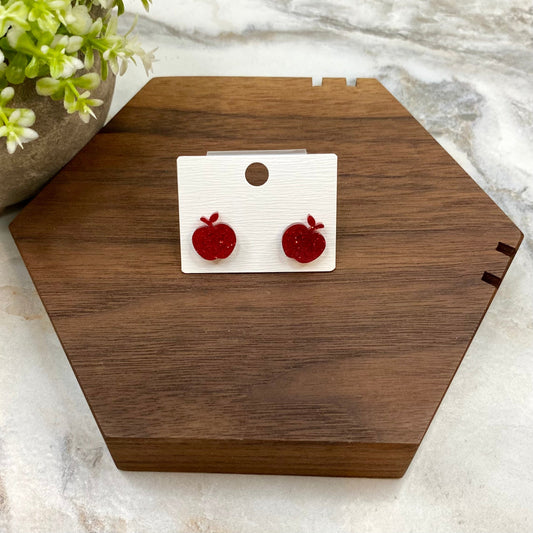 Acrylic Stud Earrings - Glitter Apple Teacher School