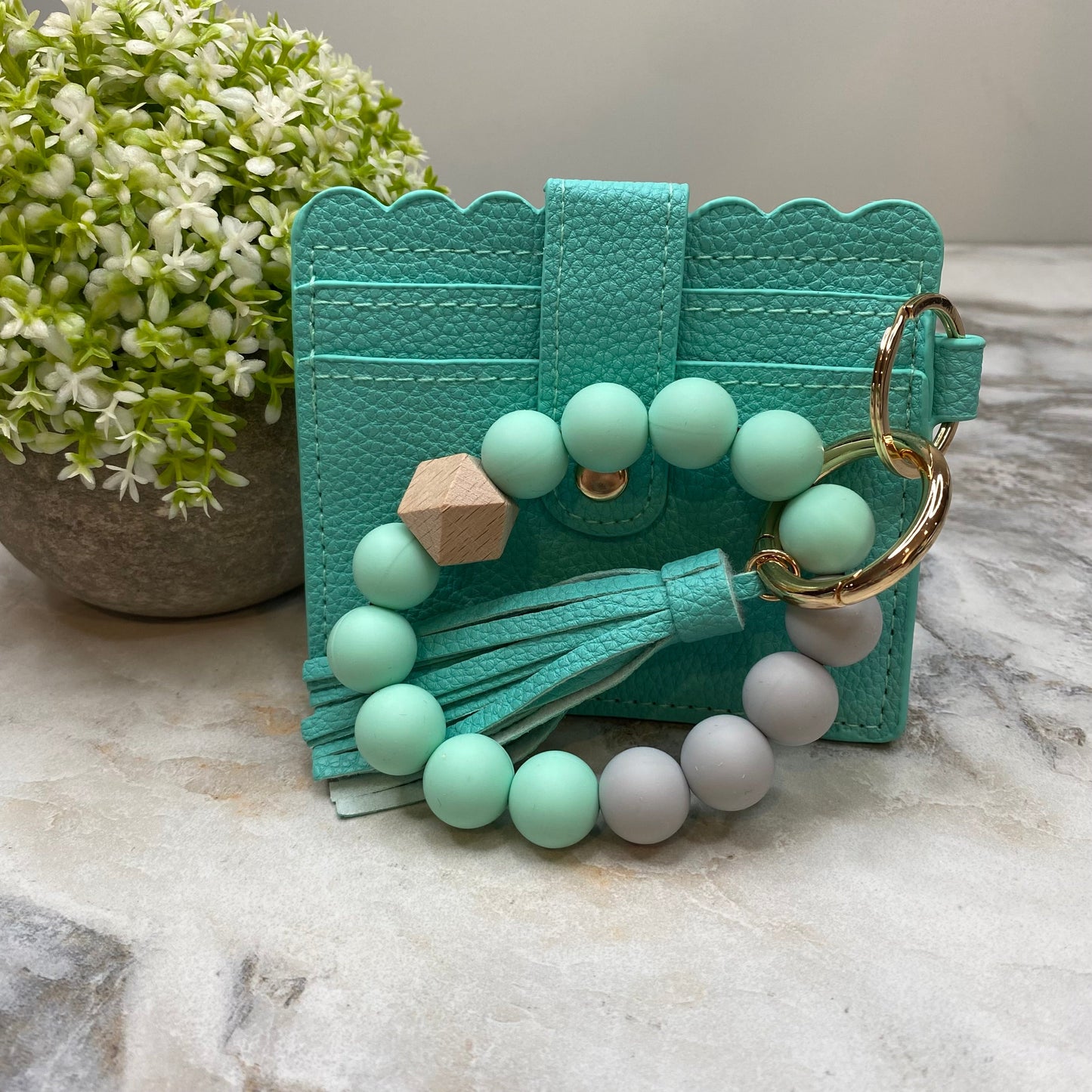 Silicone Bracelet Keychain with Scalloped Card Holder - Mint