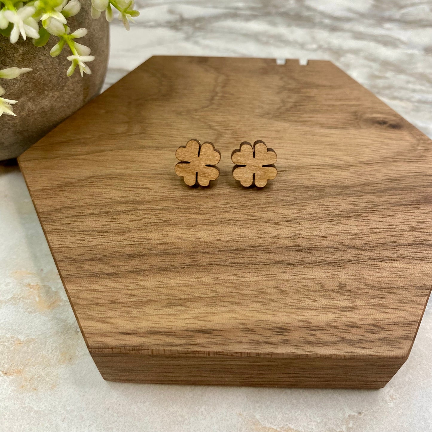 Wooden Stud Earrings - St. Patrick’s Day - Four Leaf Clover - Dark