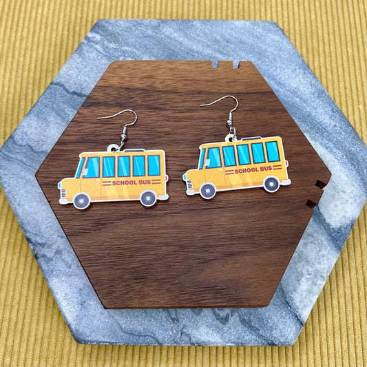 Wooden Dangle Earrings - Teacher - Bus