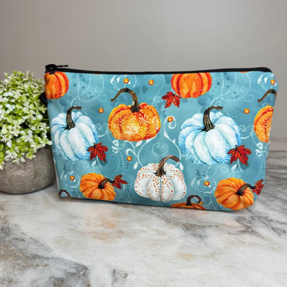 Pouch - Halloween Fall Aqua Filagree Floral Pumpkins