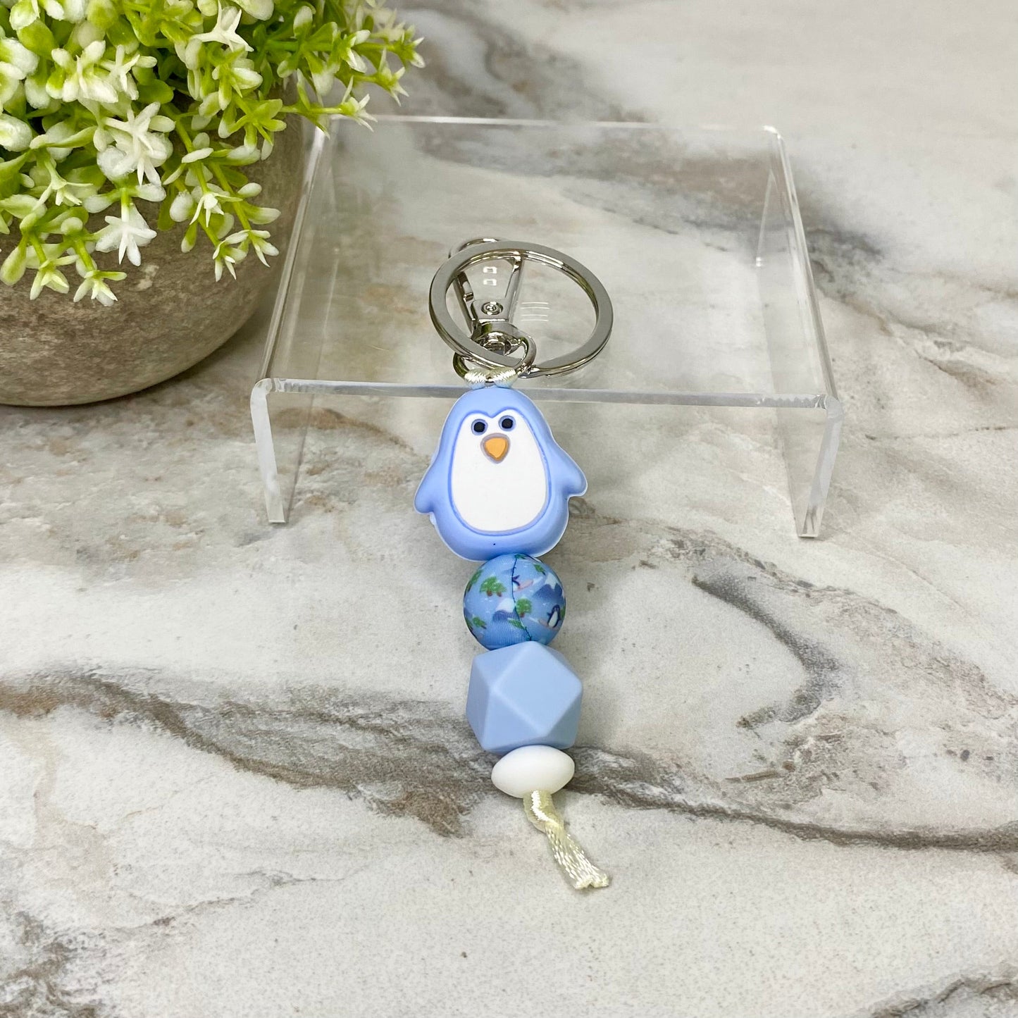 Keychain - Silicone Bead - Blue Penguin