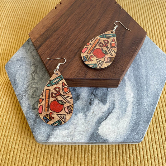 Wooden Teardrop Earrings - Teacher Things Apple Pencil