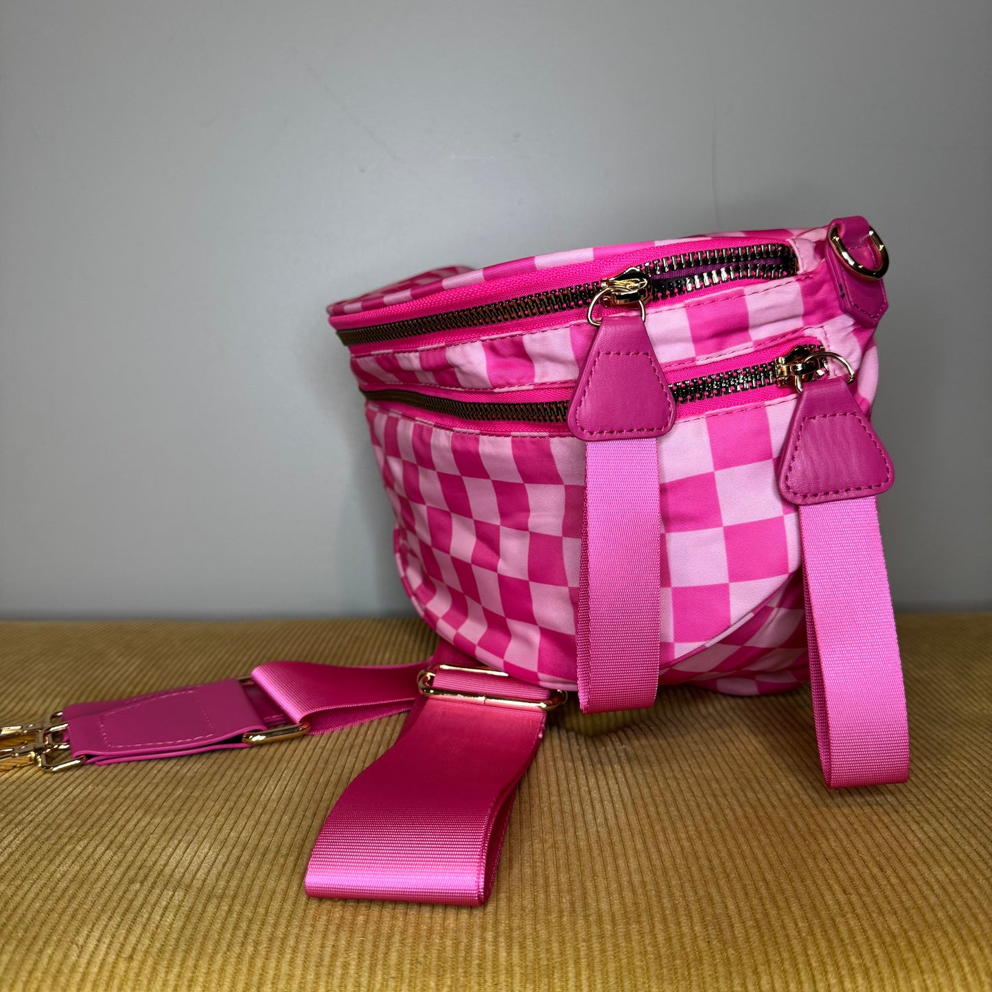 The Roni Nylon Crossbody - Checkered Hot Pink