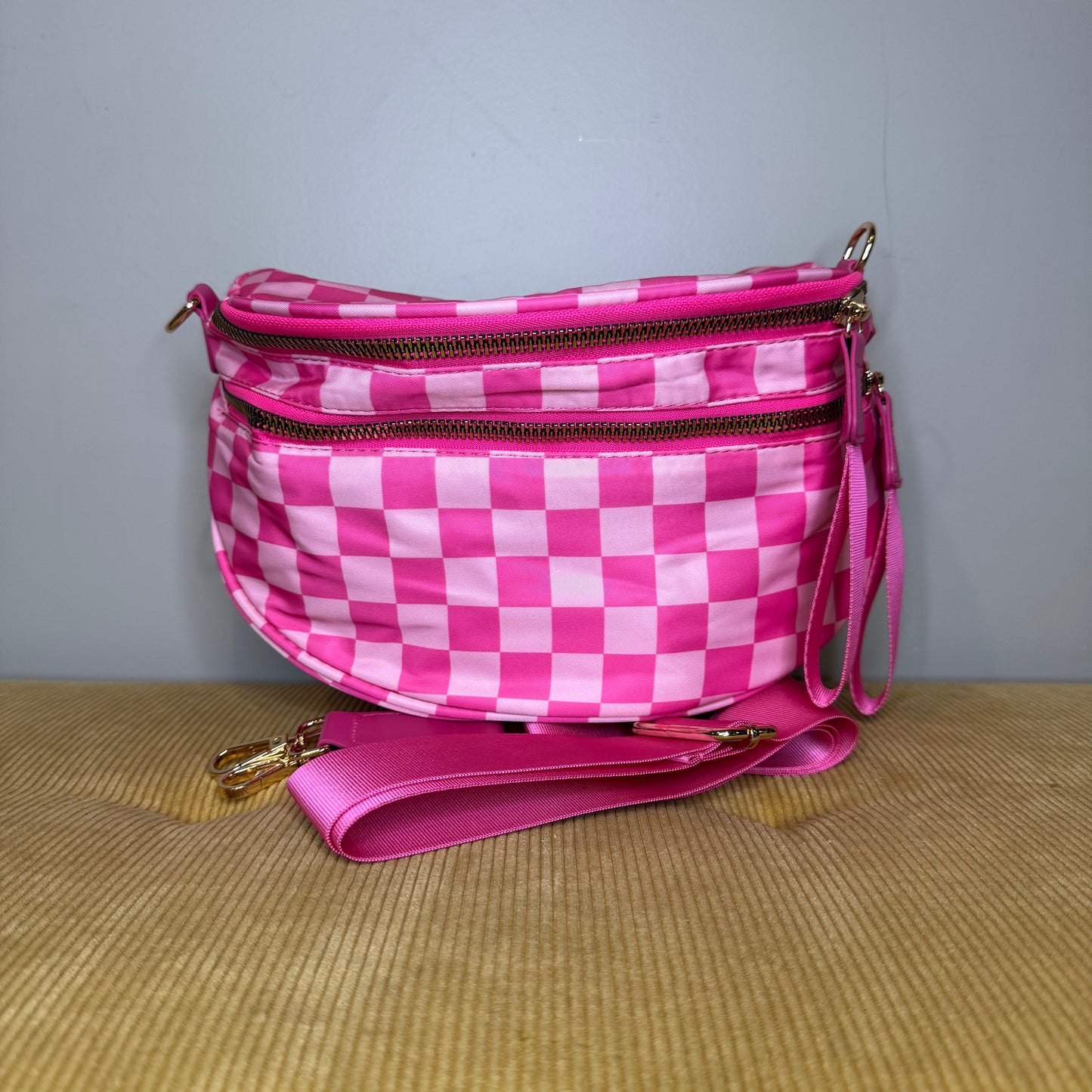 The Roni Nylon Crossbody - Checkered Hot Pink