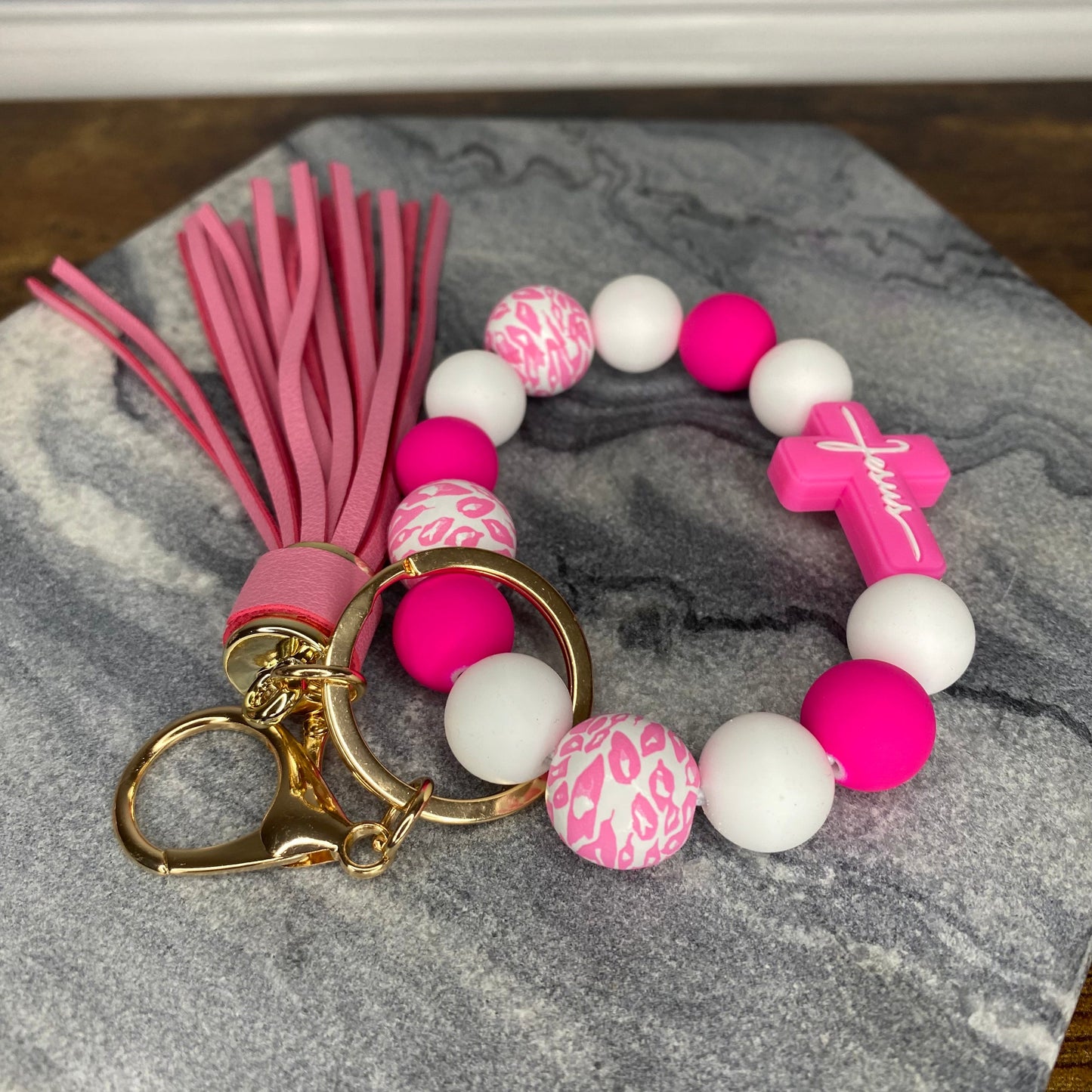 Silicone Bracelet Keychain - Jesus, Pink