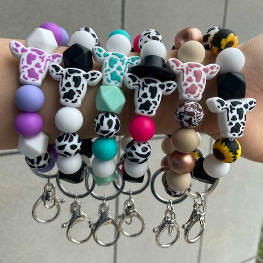 Silicone Bead Bracelet Keychain - Cow Designs