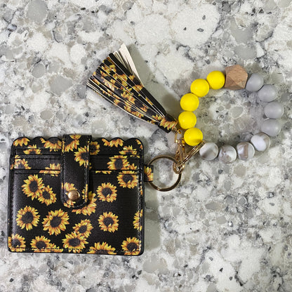 Silicone Bracelet Keychain with Scalloped Card Holder - Sunflower